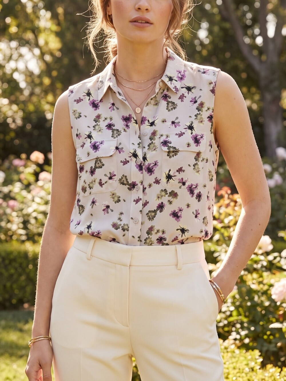 Equipment Sleeveless Floral Silk Blouse Size L
